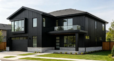 Black modern house with straight-groove metal siding