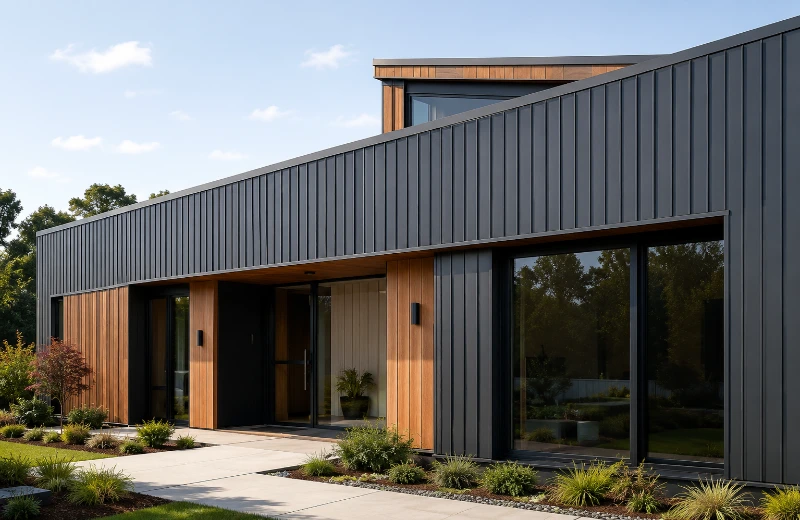 Dark metal siding on a contemporary building